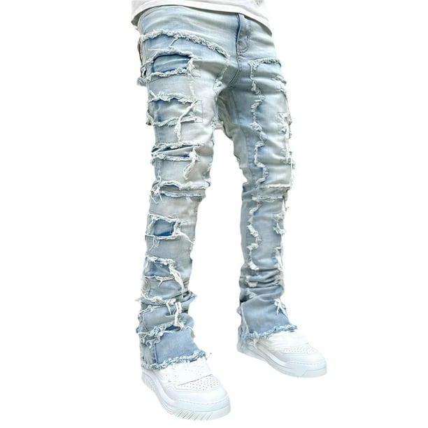 Sunloudy Men's Regular Fit Stacked Jeans Patch Distressed Destroyed  Straight Denim Pants Streetwear Clothes