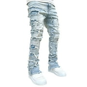 Mens Regular Fit Stacked Jeans Patch Distressed Destroyed Straight Denim Pants Streetwear Clothes