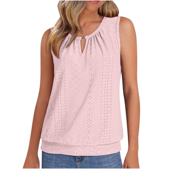 Admvng Womens Eyelet Keyhole Neck Tank Top Sleeveless Pleated Casual Summer Blouse with Metal Ring