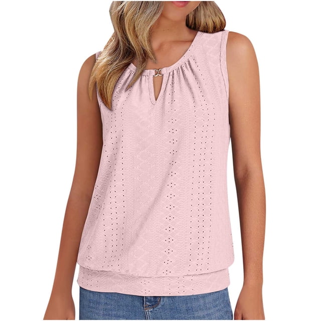 ohmzyzo Womens Tank Tops Keyhole V Neck Summer Tops for Women 2025 Eyelet Embroidered Loose Fit Tank Tops