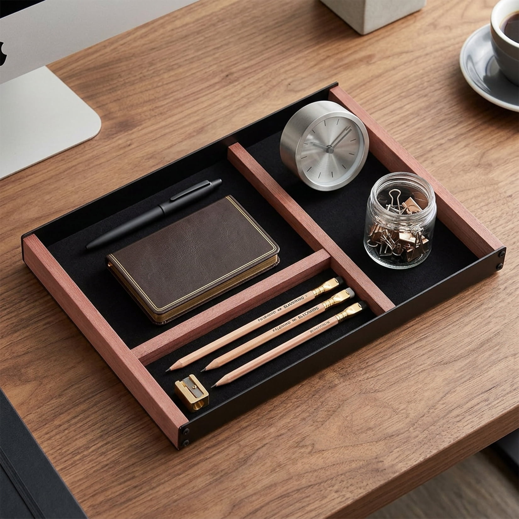 Garvee Wood and Metal Desk Organizer Tray, 3-Compartment Shallow Drawer Organizer for Office Supplies, 13x9x1.1 Inch Iron and Paulownia Wood Desk Accessories Decor, 3.5lbs Heavy Duty Non-Slip