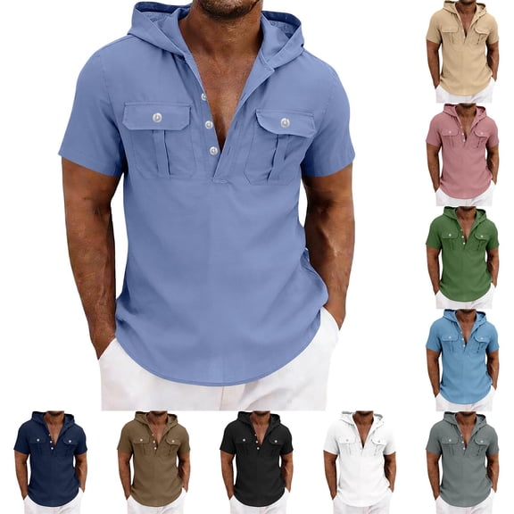 BiZtdJrK Men Cargo Hoodie Cotton Linen Button V Neck Short Sleeve Hooded Shirts Fashion Travel Beach Vacation Summer Pullover Tops with Chest Pockets Brown S