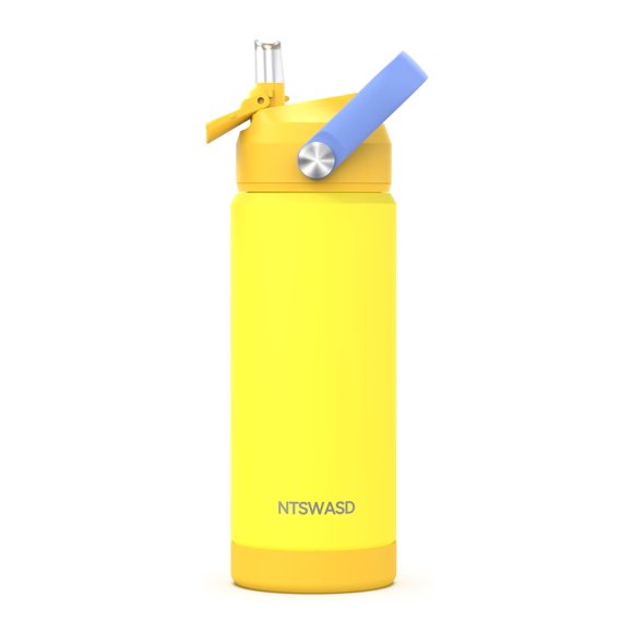 Ntswasd Botella De Agua Para Niños Con Pajita, Vasos Aislados Para Niños De 18 Oz Con Acero Inoxidable A Prueba De Fugas Para La Escuela, Niños, Niñas, Deportes Y Viajes (Amarillo)