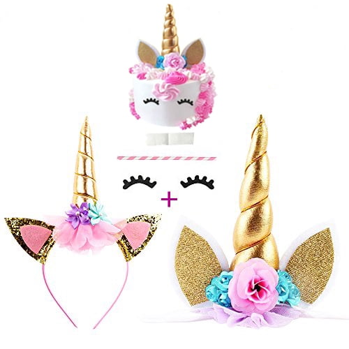 handmade gold unicorn birthday cake toppers horn ears and flowers set unicorn party decoration for baby shower wedding and birthday party walmart com
