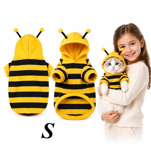 Cute Bumble Bee Pet Halloween Costume Hoodie, Soft Fleece Striped Cosplay Outfit with 3D Antennae, Warm Lightweight Shirt for Kittens Small Dogs, S & M Two Sizes