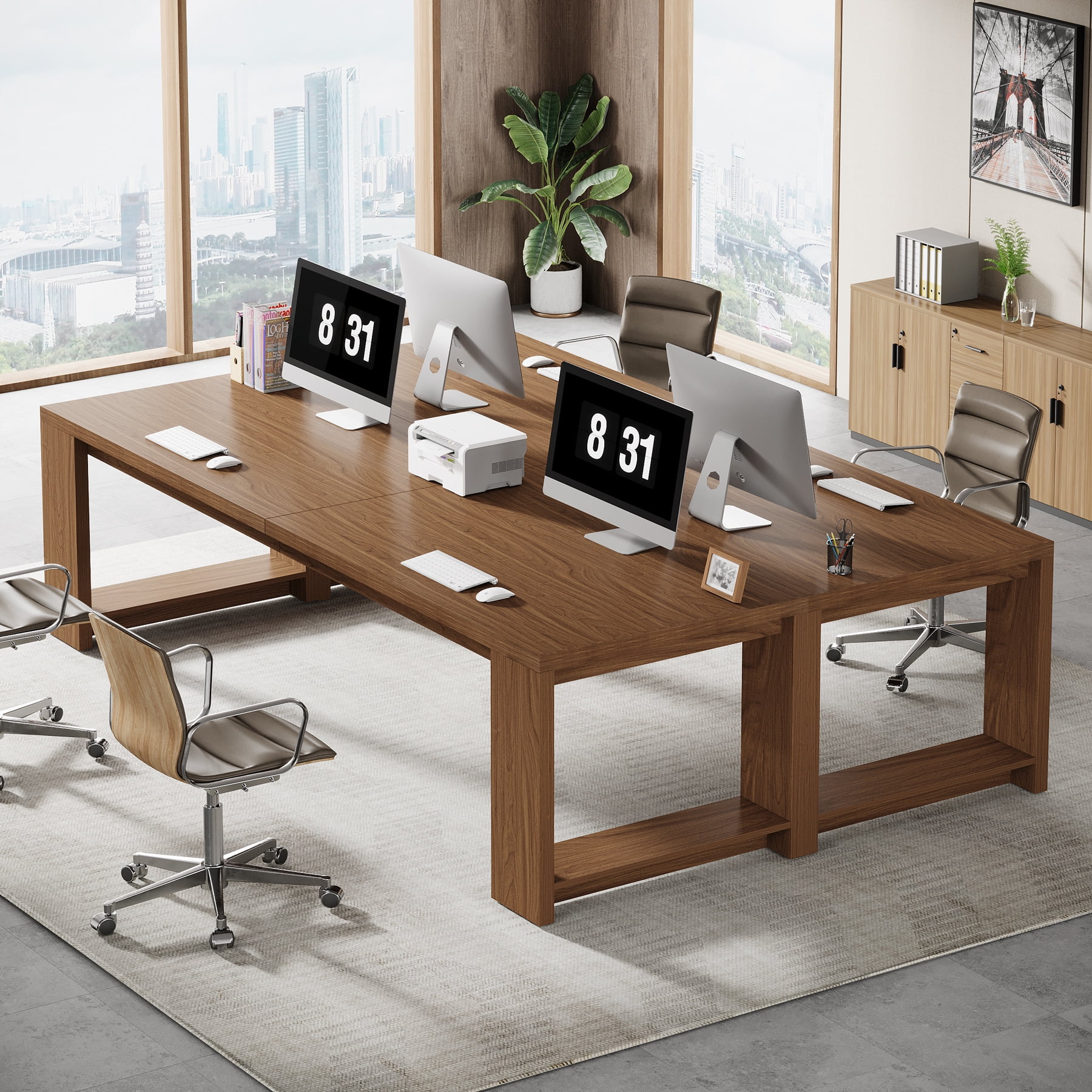 Tribesigns 86.6-inch Extra Long Desk, Wooden 2 Person Desk with Sturdy Legs, Large Double Computer Desk for Home Office, Walnut (Set of 2)