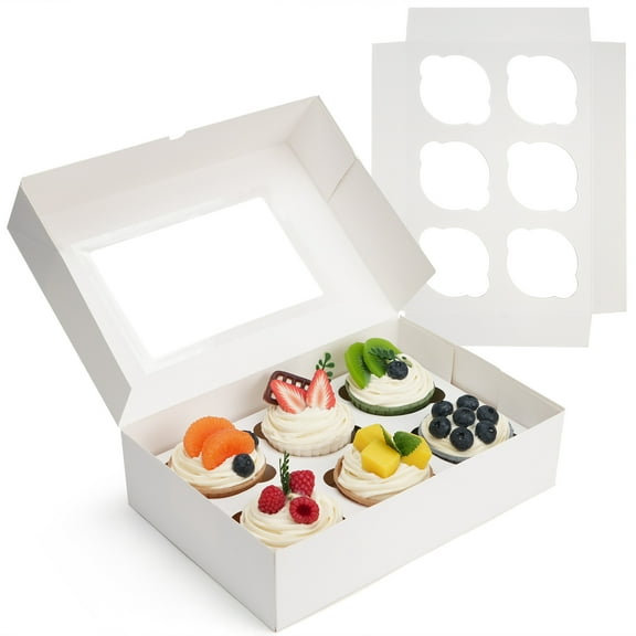 LotFancy 6 Count Cupcake Boxes, 12pc Cupcake Containers with Window and Inserts for Bakery Supplies