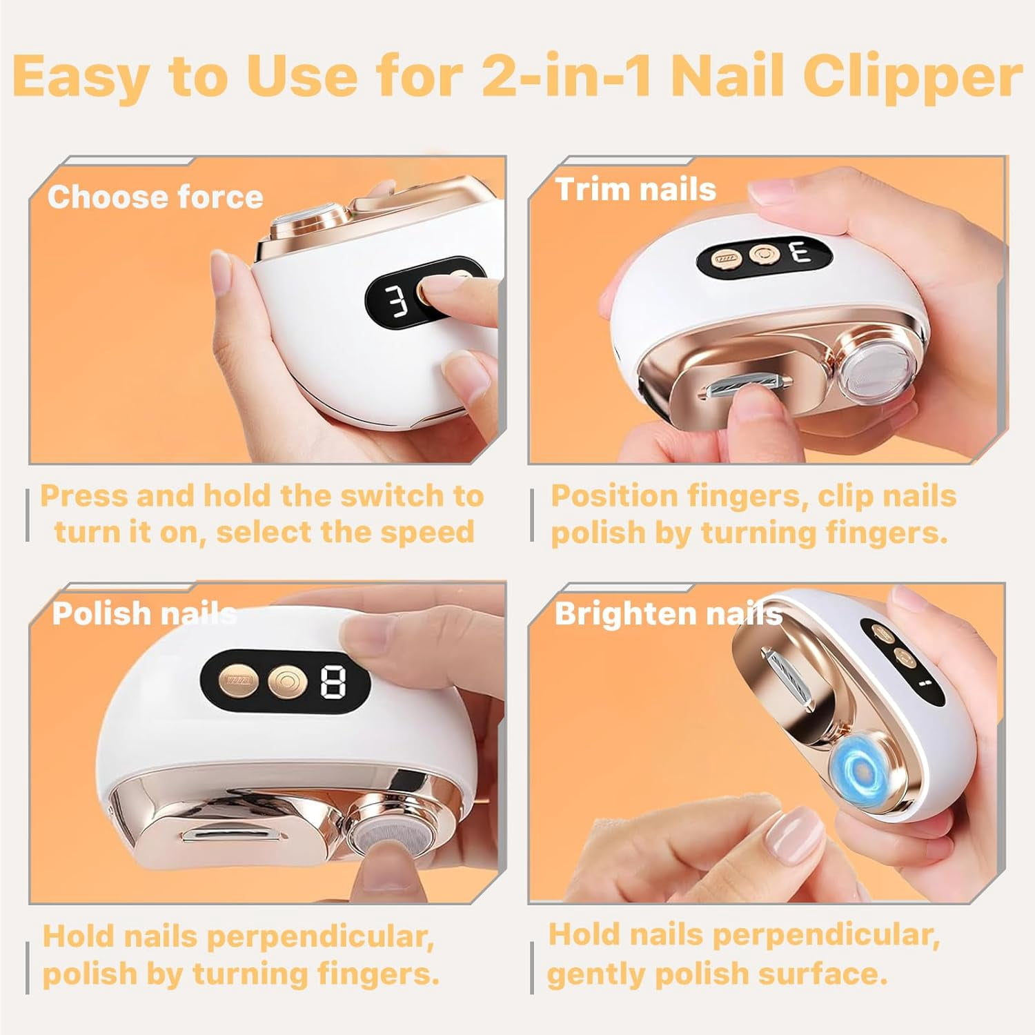 2 in 1 Electric Nail Clippers with Nail Scraps Storage LED Light, Trimming and Sanding in One, Low Noise 3 Speed Levels Rechargeable for Women Men Senior Kids Home Travel Gift for Festival (White)