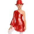 thumbnail image 3 of iixpin Girls Disco Bodysuit Set, 3-Piece Dance Outfit with Fringed Skirt & Sequined Hat Red 12, 3 of 7