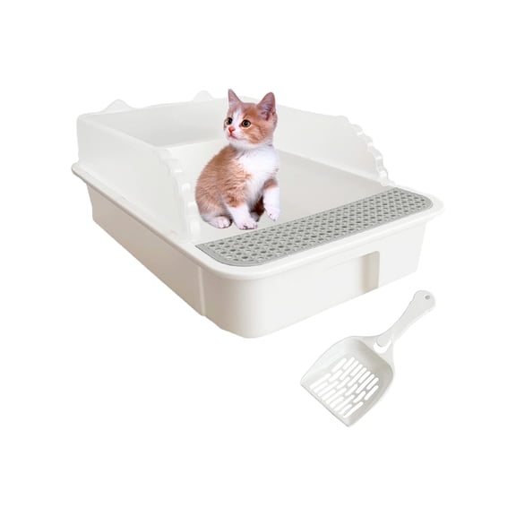 Open Cat Litter Box with High Side, Heightening -Splashing Litter Pan for Kitten Toilet, Semi-Enclosed Removable Litter for Easy Clean No , for Small Apartment Indoor Use, White