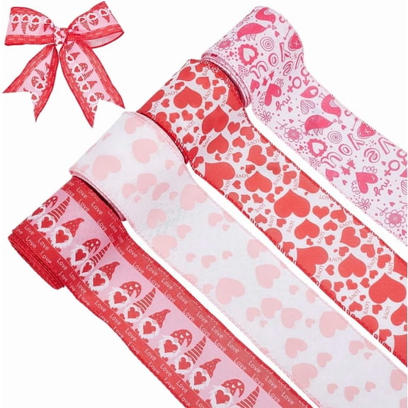 20 Yards 4 Styles Heart Canvas Wired Edge Ribbons 2-1/2 Inch Love Heart Print Ribbon White Pink Valentine Wedding DIY Craft Ornament Supplies for Gift Wrapping Wreath Flower Bouquet Bows