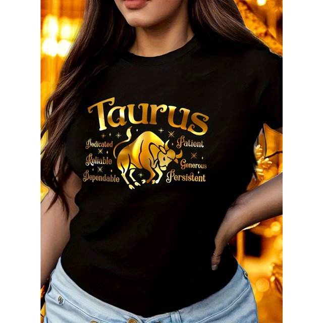 Taurus Zodiac Print, Crew Neck, Short Sleeve, Knit Fabric, Regular Length - Perfect for spring and summer