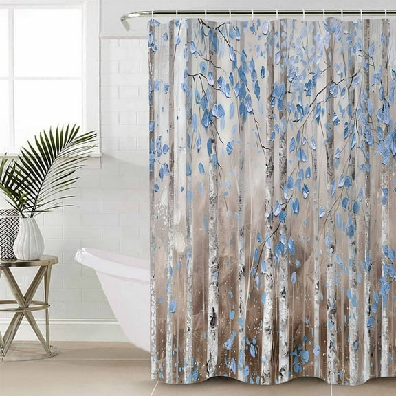 Blue Brown Forest Waterproof Fabric Shower Curtain, Modern Oil Painting Art Shower Curtain for Bathroom Curtains Bathtubs Hotel Washable Shower Curtains with 12 Hooks Stall 48x72in