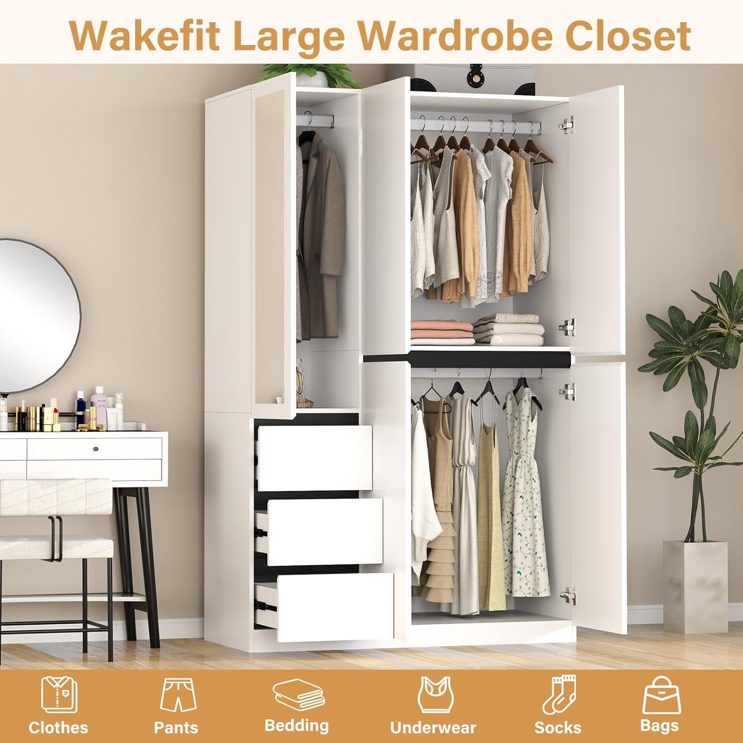 VINFORM 75" Armoire Wardrobe Closet with Mirror, Wardrobe Armoire with 3 Drawers, 5 Door Wood Armoire Storage with Hanging Rods and Multi-Layer Shelves for Bedroom, Guest Room (White)