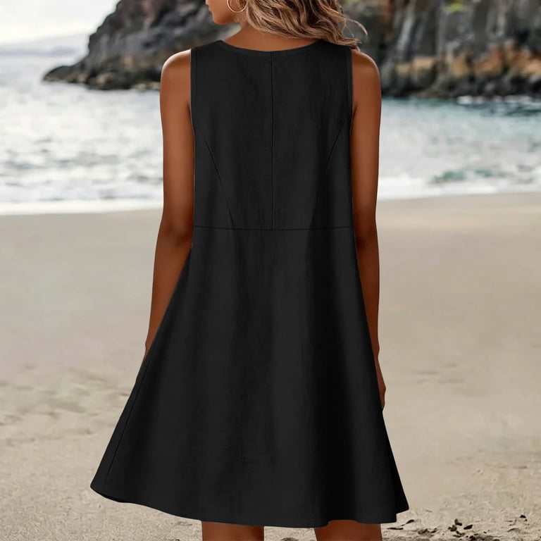 black linen dress petite Women's Petite Black Linen Look Backless Shift Dress