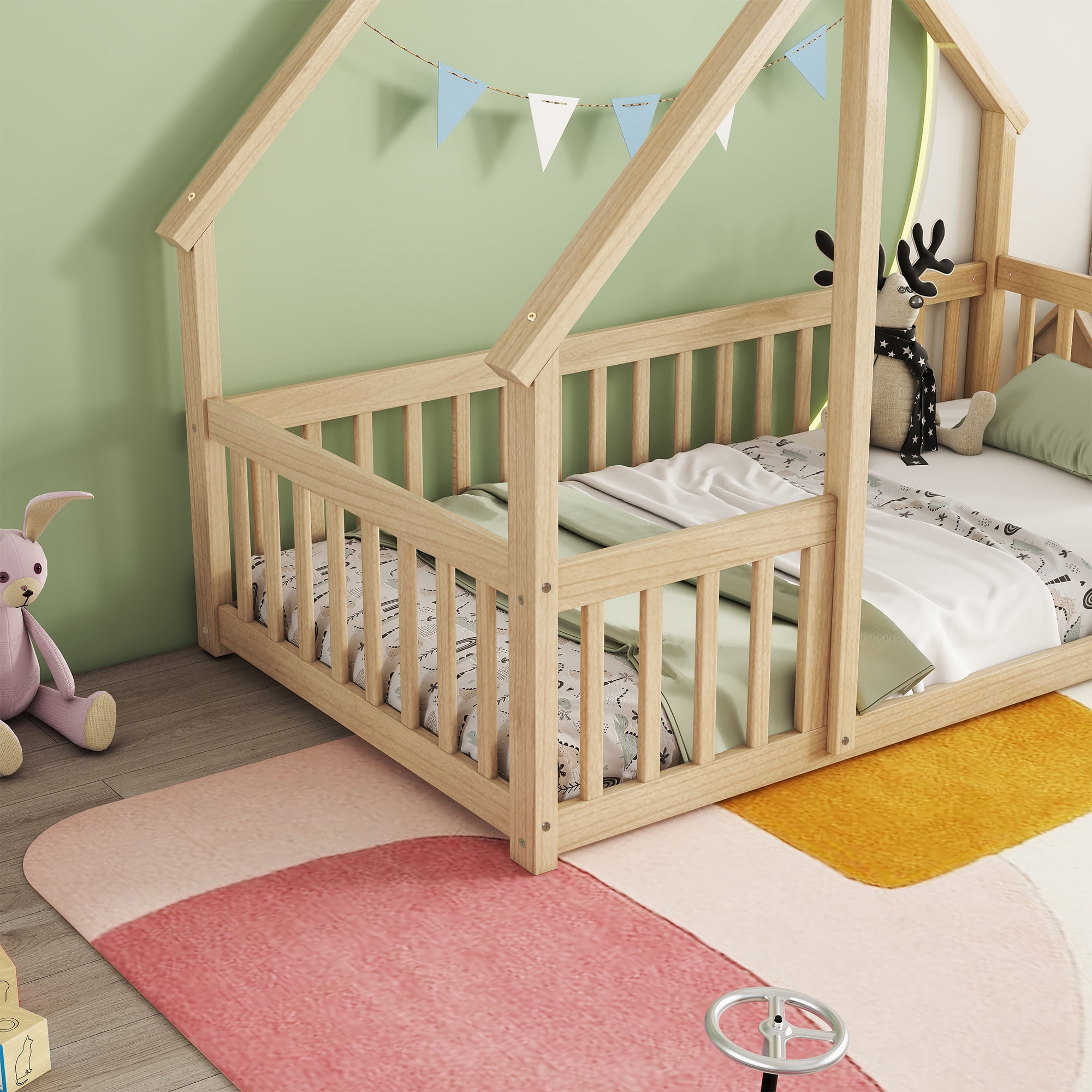 Leumius Twin Wood House-Shaped Floor Bed with Fence, Guardrails for Boys Girls Natural