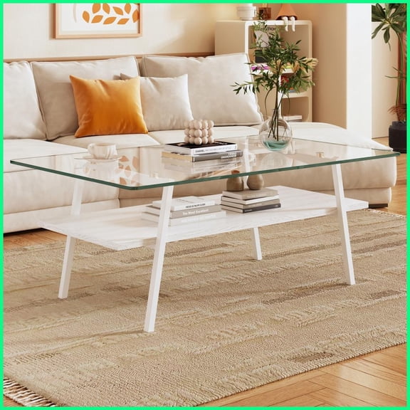 Modern Tempered Glass Coffee Table for Living Room, Easy-Clean Top & Stable Metal Legs, 38.6”L x 22.8”W