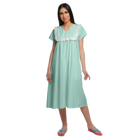 

Moomaya Printed WoMen s Lace Neckline Nightdress Short Sleeve Nightwear
