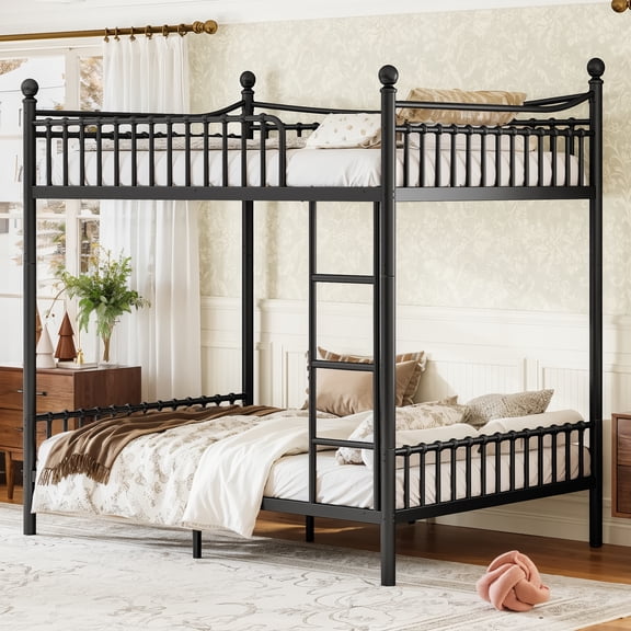Newest Full Over Full Metal Bunk Bed with Curved Guardrail & Round Tube Frame for Adults & Teens, Black