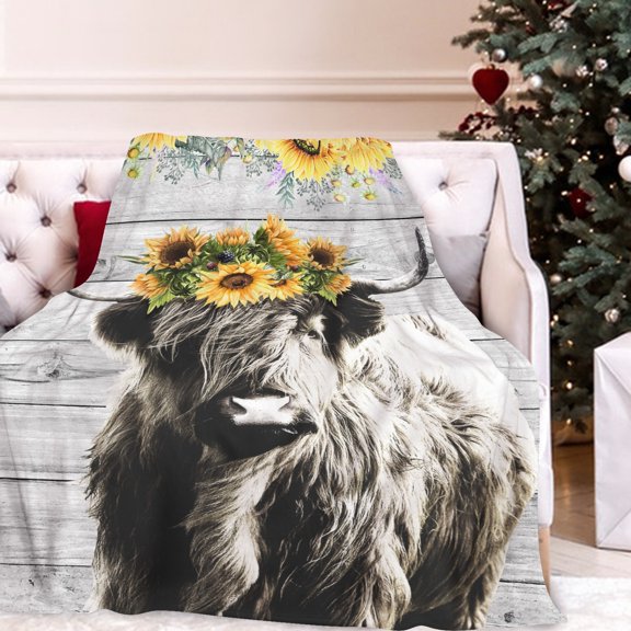 Highland Cow Sunflower Throw Blanket for Couch Sofa Bed Office Travel Camping,Soft Warm Blanket Gifts for Kids Adults