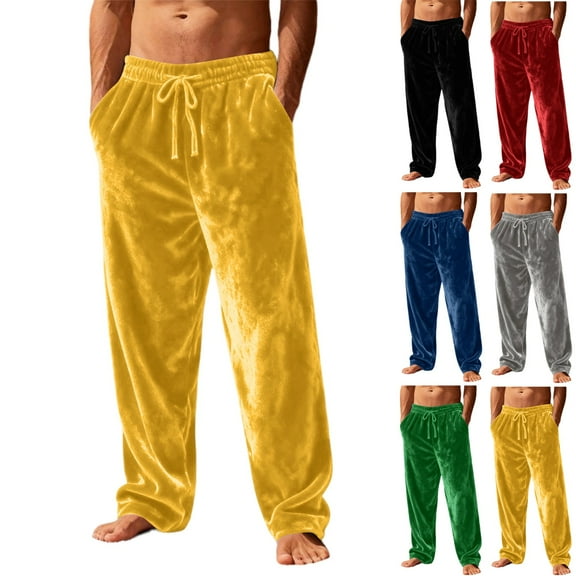 Zimjoy Sleep Bottoms Men Thermal Flannel Pajama Pants Comfy Velvet Sleep Pant Warm Christmas Lounge Pant, Yellow L