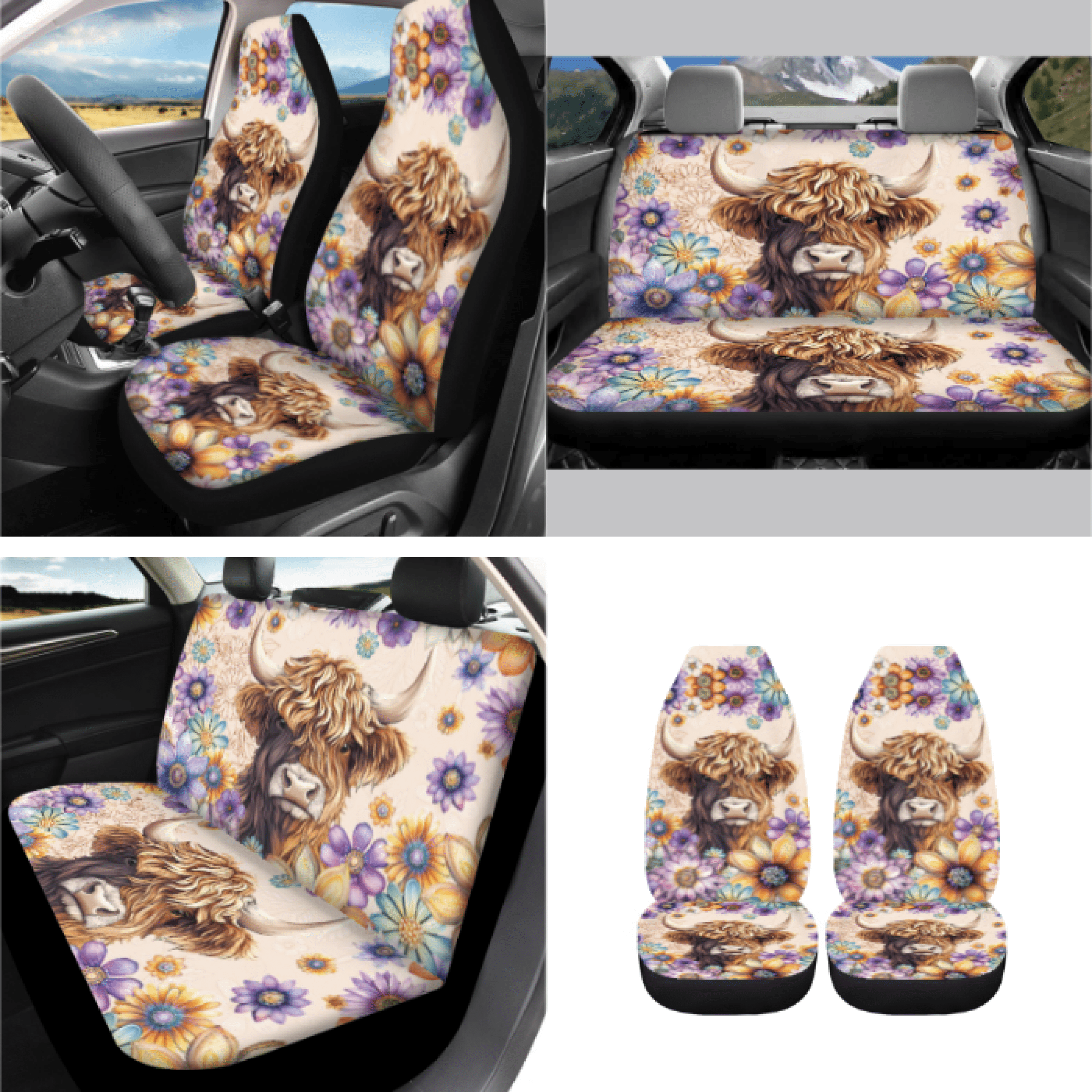 HUIACONG Car Interior Accessory Kit, with Car Cup Coasters Rearview Mirror Protector Car Seatbelt Shoulder Strap Cover, Calf Floral Design Quick Install Personalized