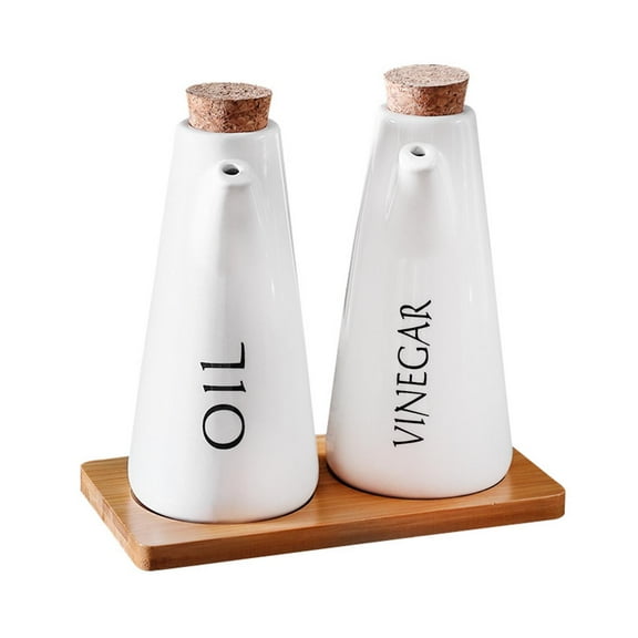 Ceramic Oil and Vinegar Dispenser Set Olive Oil Container Wood Base Sleek Design for Home Dining Table