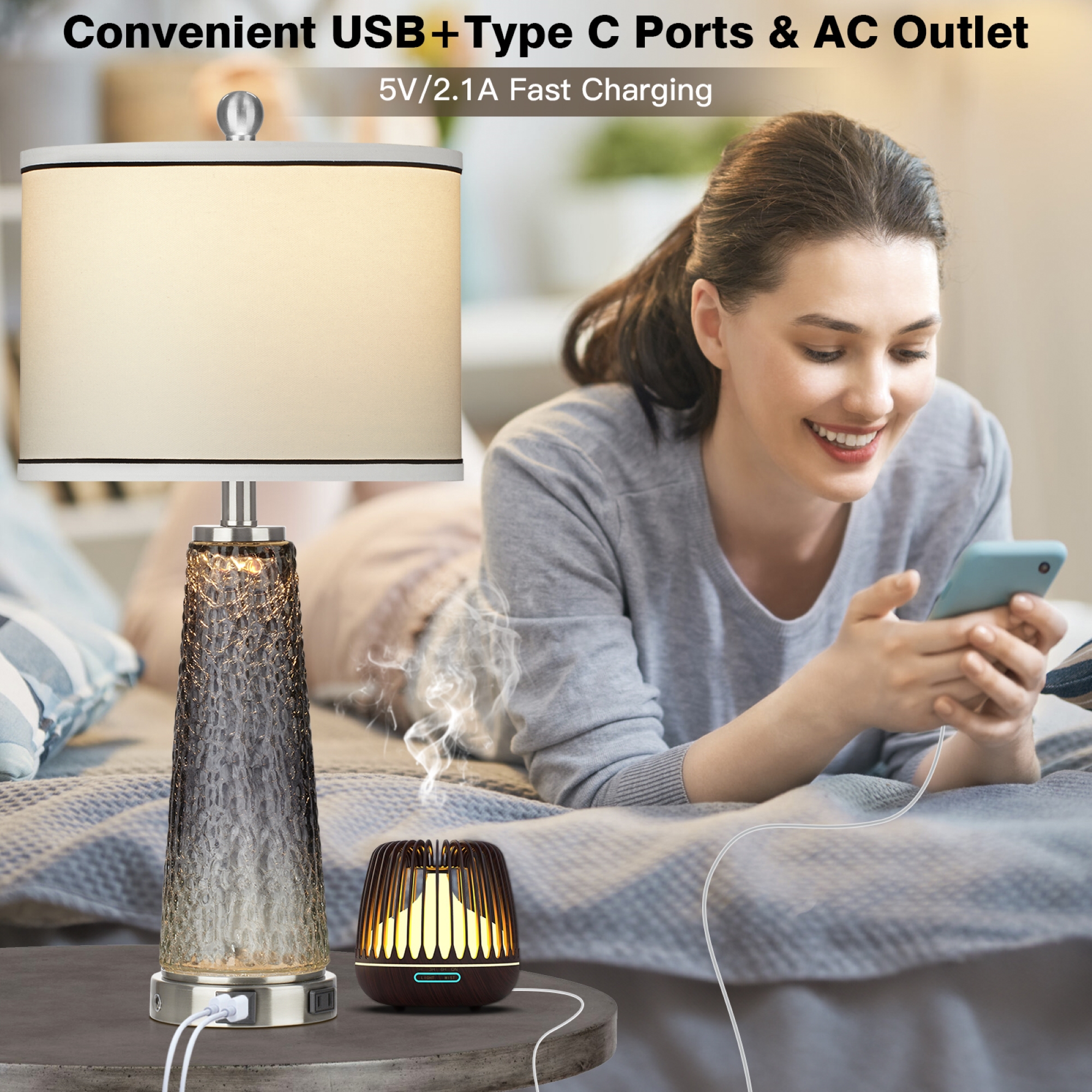 Cinkeda 26-Inch Glass Table Lamps, Set of 2, Grey with USB Ports photo 4