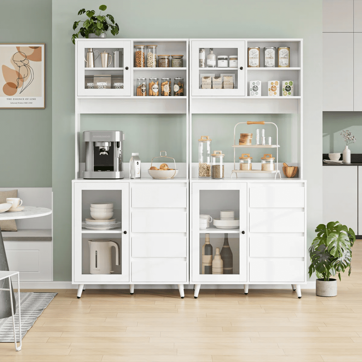Homfa 70''H Pantry Storage Cabinet, Kitchen Hutch Cabinet with Tempered Glass Doors & 2 Adjustable Shelves, White