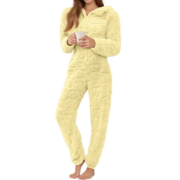 Kixjoy Onesie Pajamas for Women Long Sleeve Zip Up Fuzzy Pajamas Thermal Fleece Winter Loungewear Casual Soild Hooded Jumpsuits for Women, Yellow L