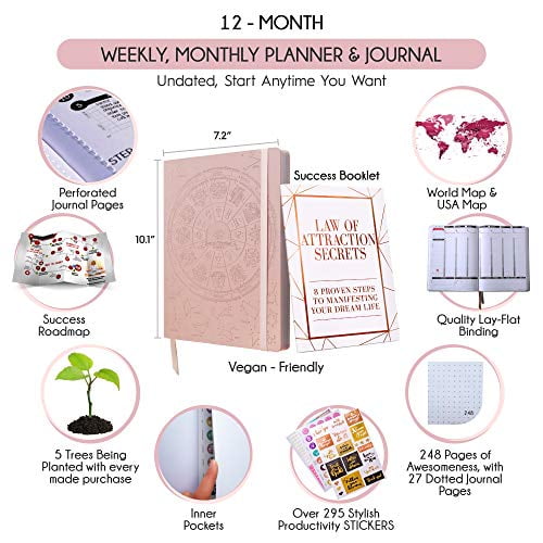 a 12 Month Journey to Increase Productivity & Happiness Law of Attraction Planner Undated Deluxe Weekly A5 and Stickers Life Organizer Gratitude Journal Monthly Planner 