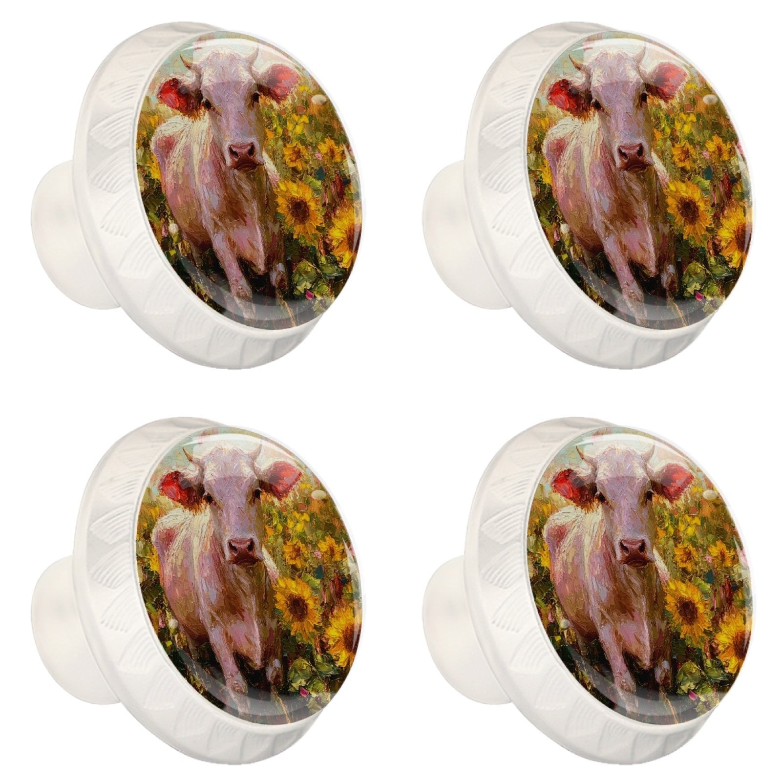 4 Pcs Cow and Sunflower Knobs for Kitchen Cabinet Cupboard Dresser Bookcase Drawer Pulls Handles Round Home Decor