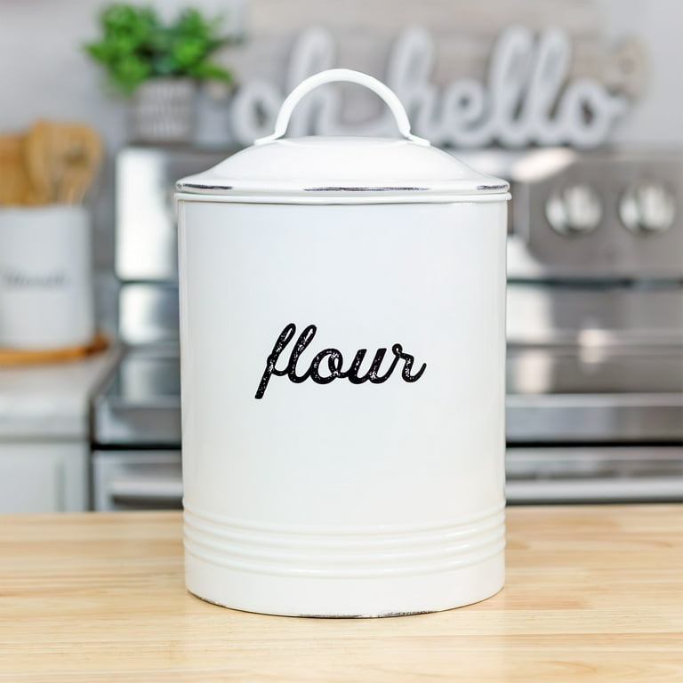 AuldHome Enamelware White Flour Canister; Rustic Distressed Style Staples  Storage for Kitchen 
