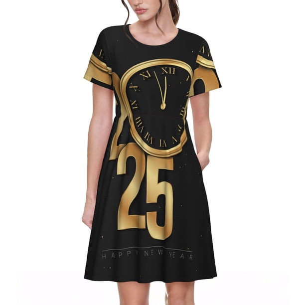 Balery 2025 Happy New Year Vestidos sueltos de manga corta para mujer, vestidos de verano 2025, vestidos casuales de corte A con vuelo.