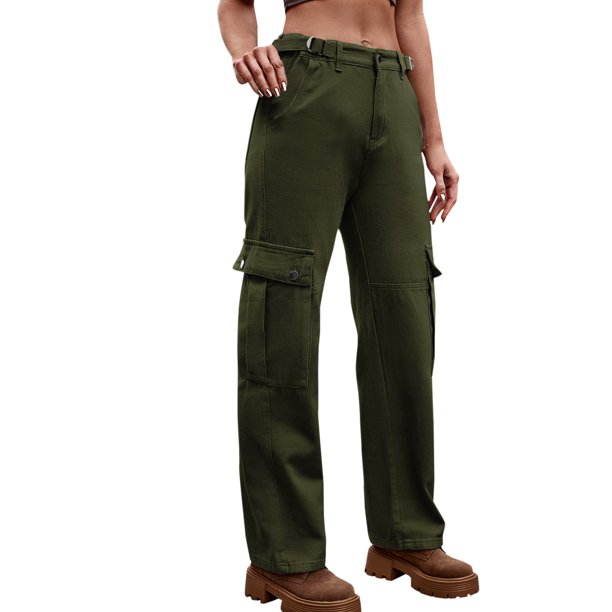 Pantalones Mezclilla Gibobby Carga Cintura Alta 4 Bolsillos Moda Informal Mujer Vaqueros Pierna Ancha Verdinegro XXL
