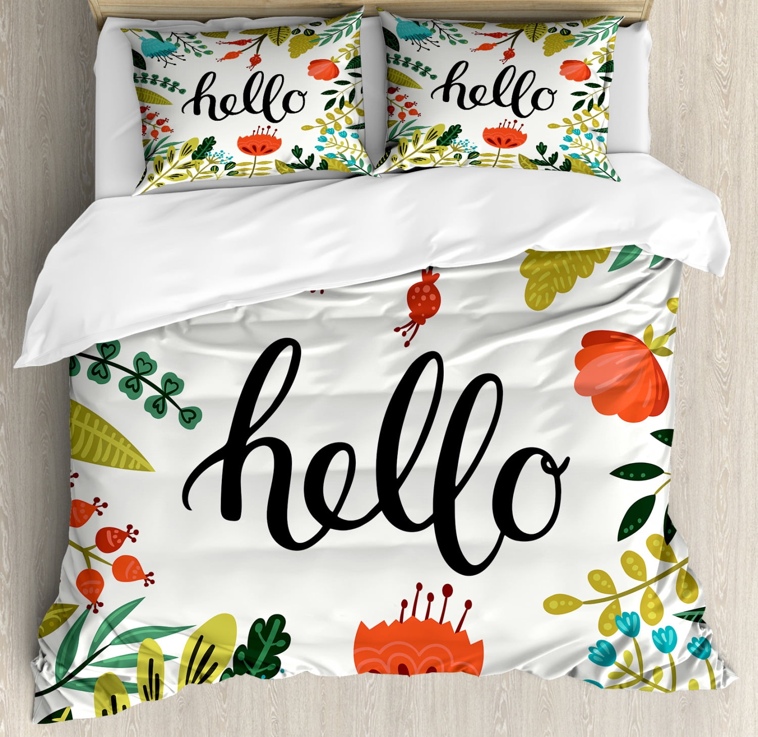 Hello Queen Size Duvet Cover Set, Brush Lettering Designed Calligraphy ...