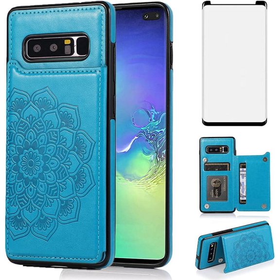 Design for Samsung Galaxy Note 8 Case with Tempered Glass Screen Protector Credit Card Holder Slot, PU Leather Wallet Phone Cases Stand Kickstand Protective Cover for Glaxay Note8 S8 Men Blue