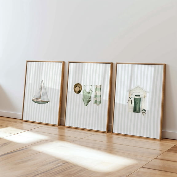 Sage Green Coastal Print Beach House Decor Minimalist Ocean Art Set 3 Unframed Paper Print 8x12