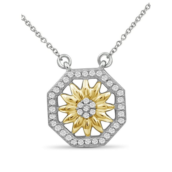 Silver Chain Necklace for Women – .925 Two Tone Sterling Silver Flower Necklace with Sparkling Genuine 0.15 CTW White Diamonds – Chic, Stunning Silver Statement Necklace Gifts by JewelersClub