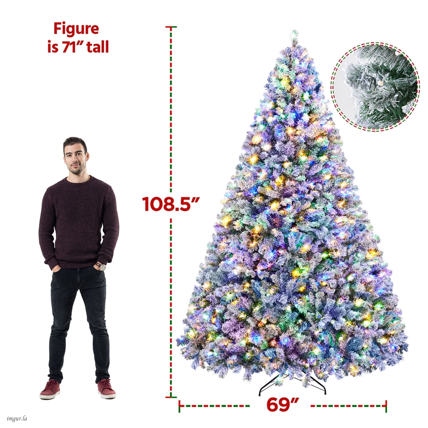 Alden Design 9FT Artificial Pre-lit Flocked Christmas Tree Hinged Fir Xmas Tree with Foldable Stand and LED Lights,Green & White