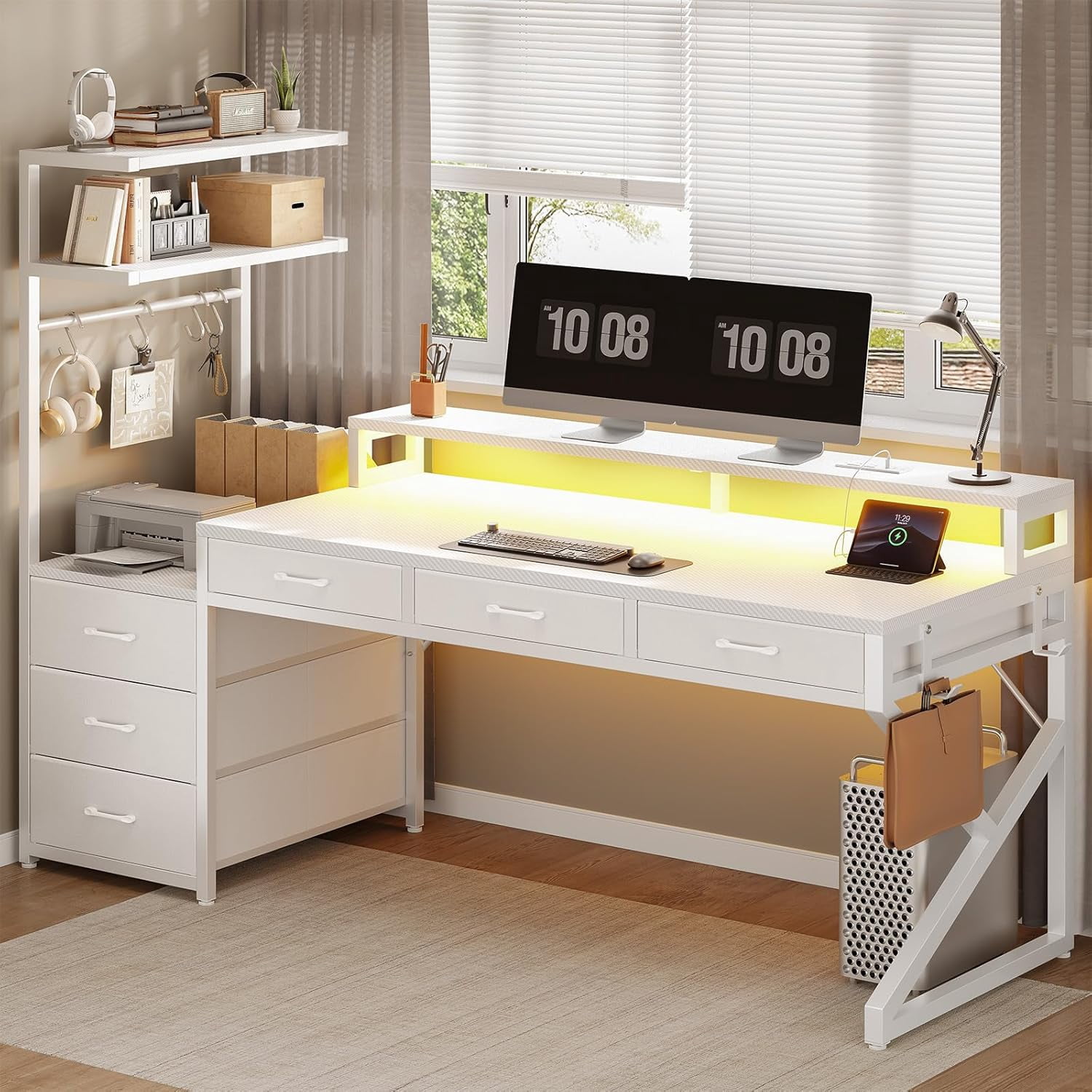 55" Gaming Desk with 6 Drawers, Small Corner Computer Desk with Power Outlets & LED Lights, Home Office Desk with Monitor Stand & Hooks, Reversible PC Desk with Storage, Carbon Fiber White