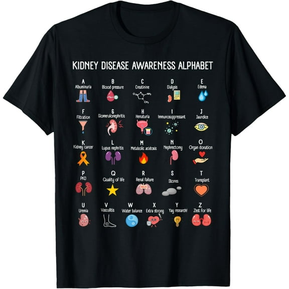 Kidney Disease Awareness Alphabet Dialysis Nurse Men Women T-ShirtMen's and women's gift, black and white T-shirt, size: Extra large S-4XL
