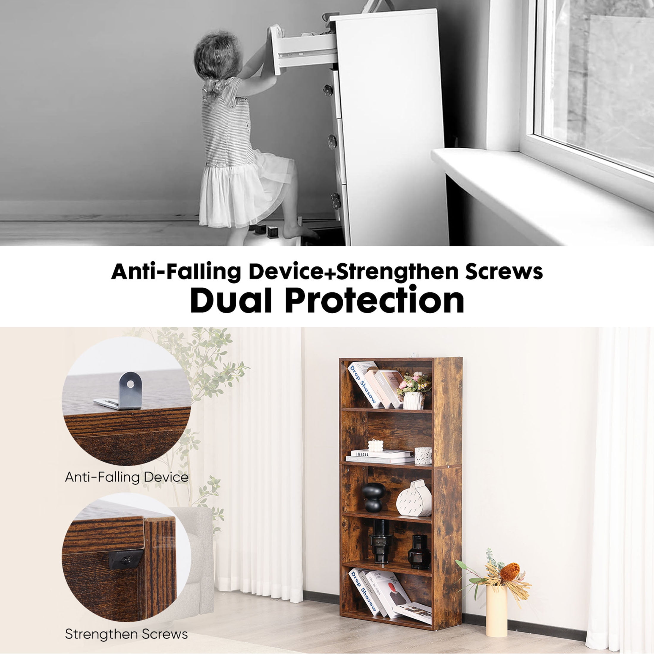 ZUNMOS 5 Shelf Bookcase, 53 Inch Tall Open Industrial Standing Bookshelf Large Storage for Home Office, Living Room, Bed Room, RUST