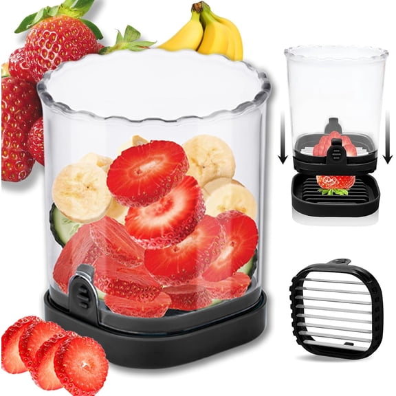 Strawberry Slicer with Stainless Blades, Fruit Slicer Cup for Banana Cucumber Mushroom, Egg Slicer, Detachable Kitchen Gadget, Precision Berry Cutter Tool, Black