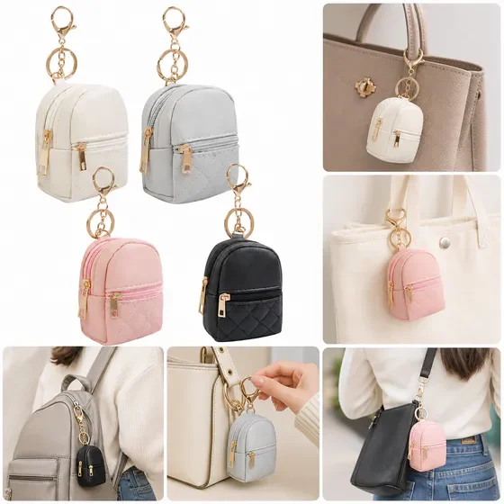 4Pcs Mini Backpack Keychain Pouch, PU Leather Mini Coin Purse for Women, Multi-Functional Zipper Keychain Pouch, Portable Mini Bag for Cards, Lipstick, Data Cable and Small Accessories, Black Beige P