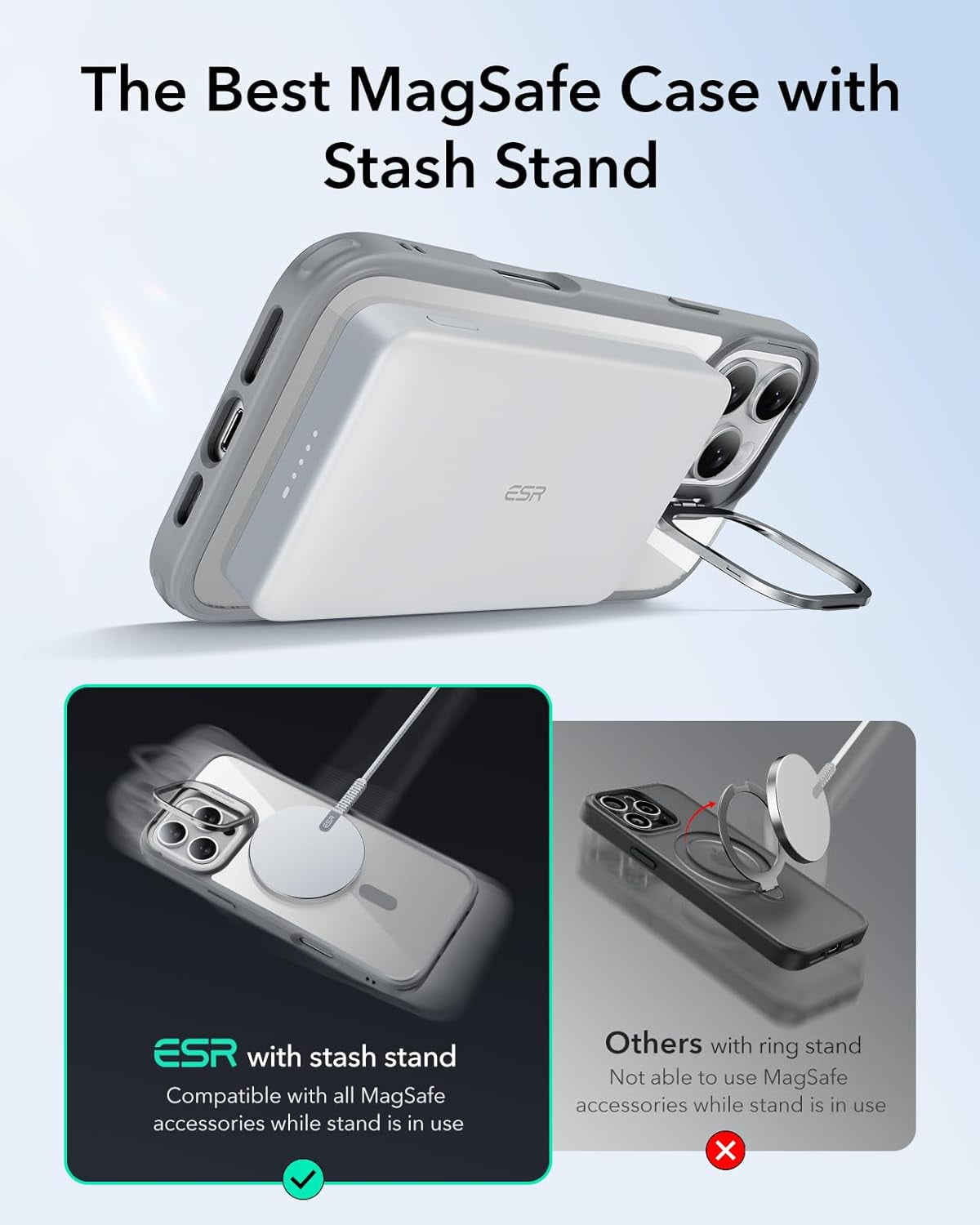MHAWBL-for iPhone 16 Pro Max Case, Compatible with MagSafe, Military-Grade Protective Case, Built-in Stash Stand Phone Case, Scratch-Resistant Back Cover, Classic Series, Clear Grey