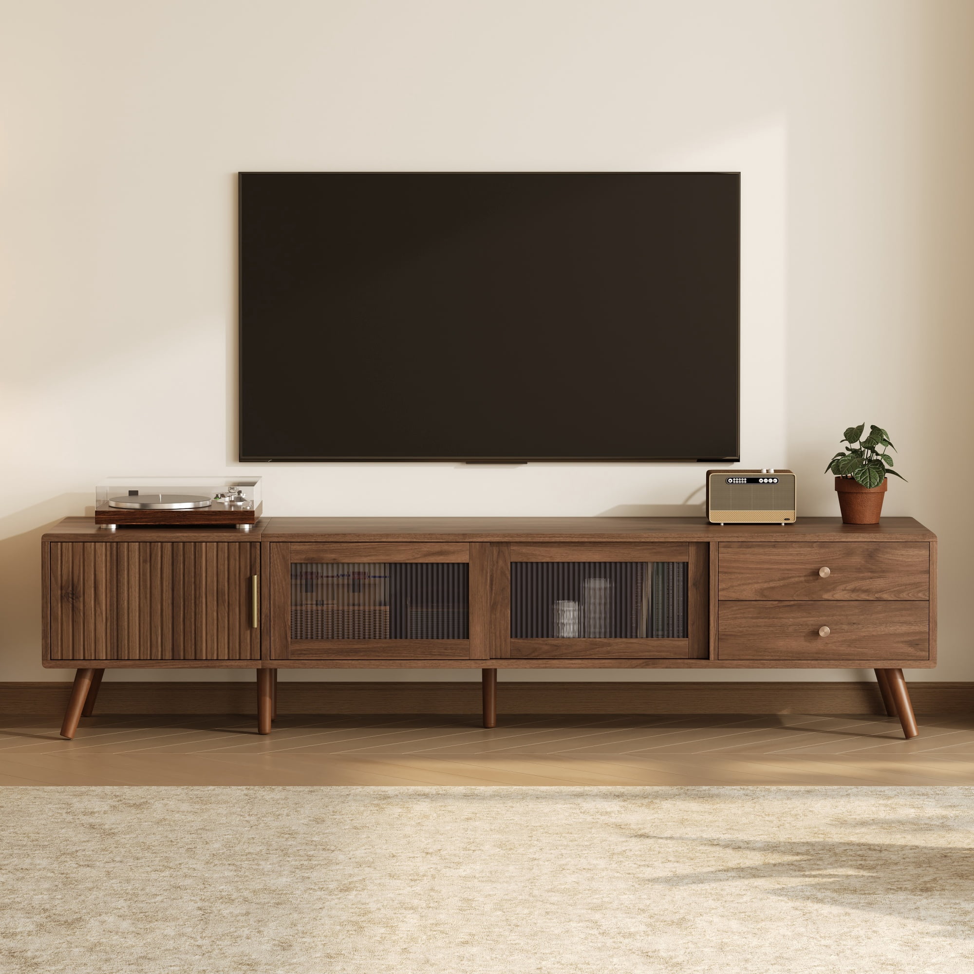 76 Inch Modern Minimal TV Stand for 85 Inch TV, Entertainment Center with Glass Doors and Storage Cabinets, TV Media Console Table for Living Room, Natural Wood