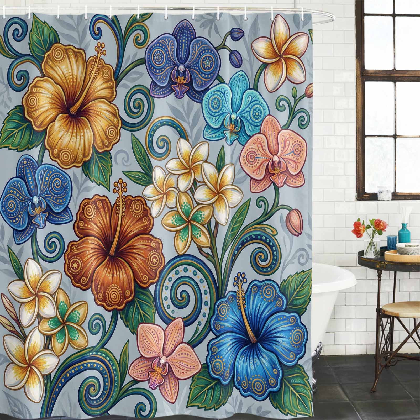 Shower Curtain Bathroom Set Abstract Retro Boho Flower Waterproof Fabric Shower Curtains with Grommets&Hooks, Blue Gold Flower Green Leaf Privacy Bath Curtain for Bathtub 72x72in