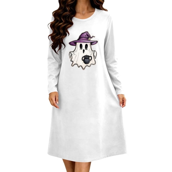 Taqqpue Womens Halloween Cotton Nightgown Long Sleeves Round Neck Sleepshirt Print Nightshirt Casual Plus Size Knee Length Sleep Dress Pullover Halloween Pumpkin Printed Sleep Shirt for Women