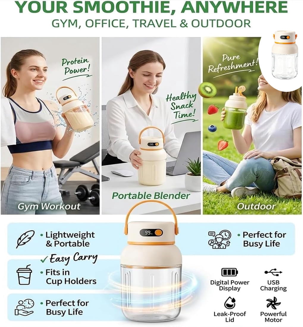 Portable Electric Juicer Cup with Zero Cord Hassle, 33oz BPA-Free Portable Wireless Juicer Cup with Straw and Two Lids, Multifunctional fresh Juice Blender for Smoothies, Shakes, Fruit (Orange)